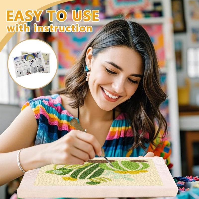 DOODLREAM Cartoon Cactus DIY Punch Needle Embroidery Kit for Adult Beginner, 9.4" Cactus Punch Stitching Craft Set for Starter with Frame, Fabric Pattern, Threader, Yarn, Pinch Needle - Image 3